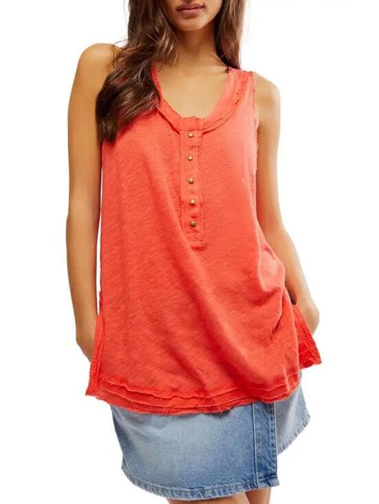 Free People Tops - NWT Free People Love Language Red Linen Scoop Neck Henley Tank Top- Size Small